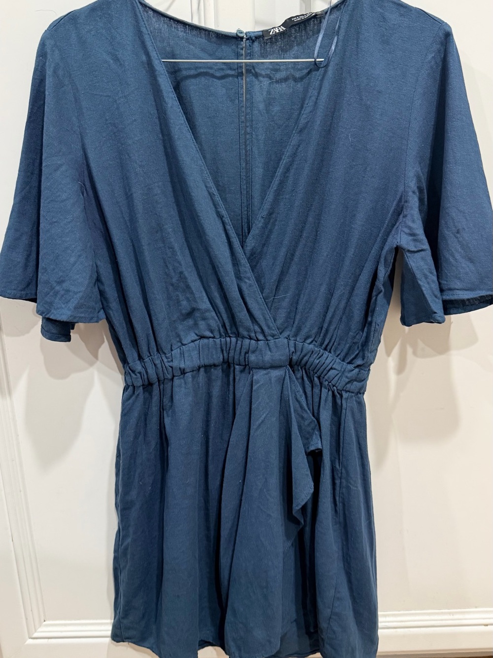 Zara linens Blue Wrap-Front Short Sleeve Jumpsuit